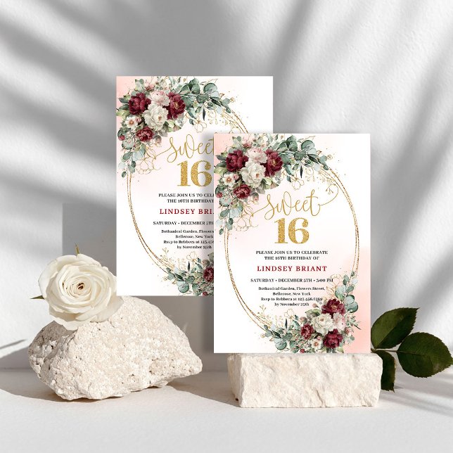 Invitation Elegant Bohemian Deep Red Peony Sweet 16 Birthday  (Elegant Bohemian Deep Red Peony Sweet 16 Birthday Invite)