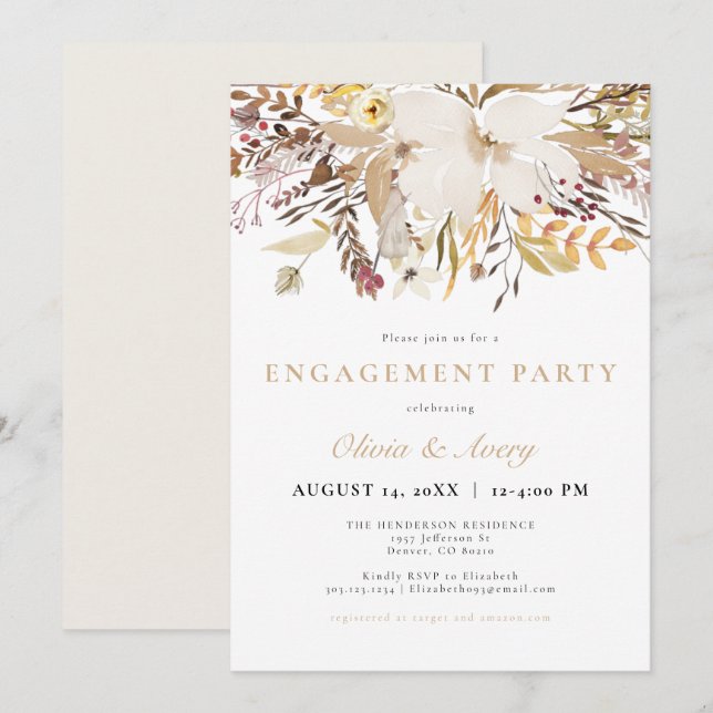 Invitation Élégant Bohemian Fall Floral Engagement Party (Devant / Derrière)