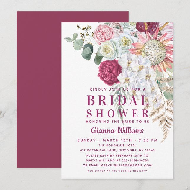 Invitation Elégant Boho aquarelle Fête des mariées florale (Devant / Derrière)