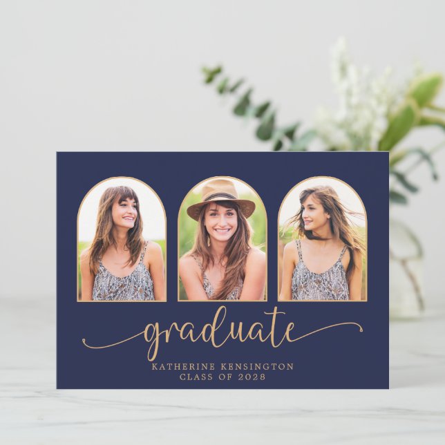 Invitation Elégant Boho Arch Navy Blue Gold 3 Photo (Debout devant)