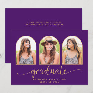 Invitation Elégant Boho Arch Purple Gold 3 Photo Graduation