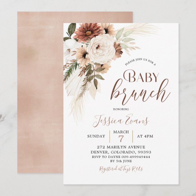 Invitation Elégant Boho Beige Pampas Grass Baby Brunch (Devant / Derrière)