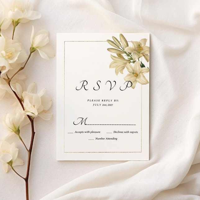 Invitation Elégant boho blanc linly floral en or RSVP (Elegant boho white gold floral lily RSVP )