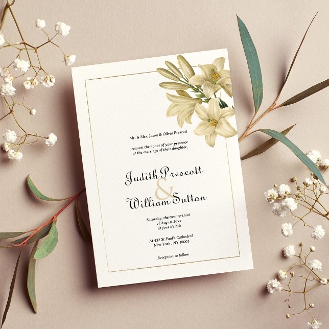 Invitation Élégant boho blanc or floral mariage (Elegant boho white gold floral lily wedding)