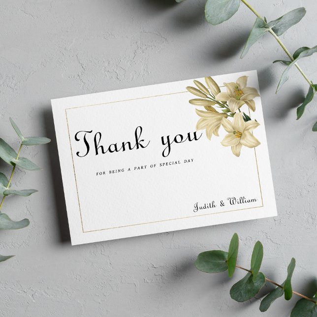Invitation Élégant boho blanc or floral Merci de lys (Elegant boho white gold floral lily Thank You)