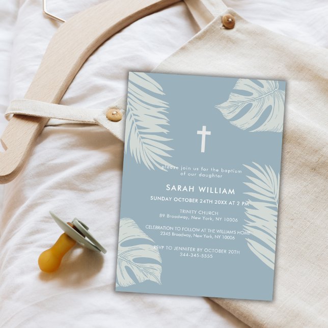 Invitation Élégant Boho bleu Dusty Feuille Cross Baptême (Elegant Dusty Blue Boho Leave Gold Cross Baptism Invitation)