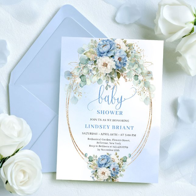 Invitation Elegant Boho Blue Floral Greenery Gold Baby Shower (Elegant Boho Blue Floral Greenery Gold Baby Shower)