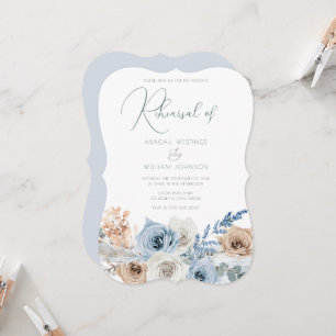 Invitation Elégant Boho Blue Floral Mariage Dîner de répétiti