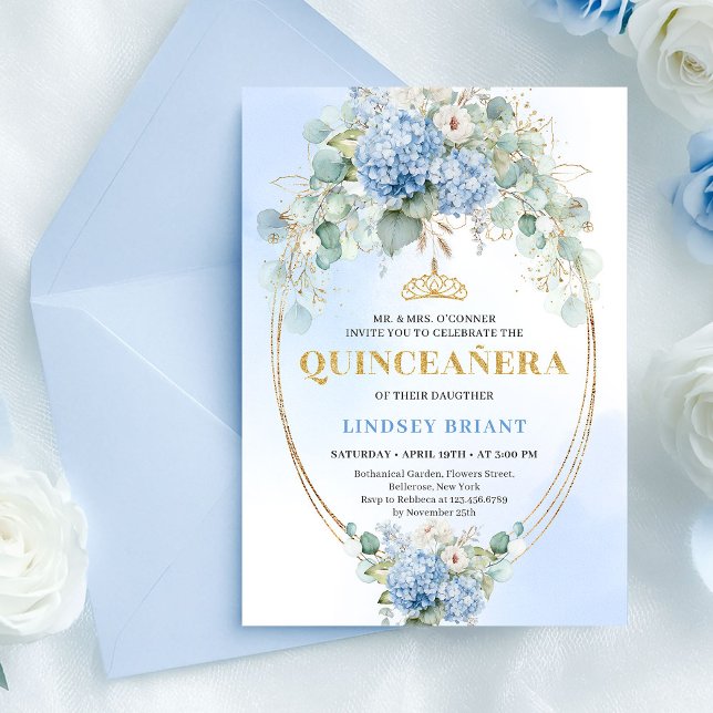 Invitation Elegant Boho Blue Hydrangeas Quinceañera Invite (Elegant Boho Blue Hydrangeas Quinceañera Invite)
