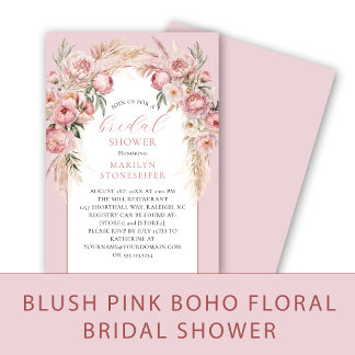 Invitation Elegant Boho Blush Peonies, Pampas Grass Bridal
