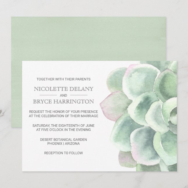 Invitation Élégant Boho Botanique Sage Mariage Succulent (Devant / Derrière)