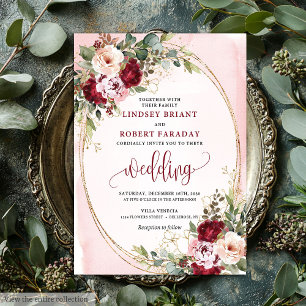 Invitation Élégant Boho Bourgogne Blush Or Fleurs Mariage