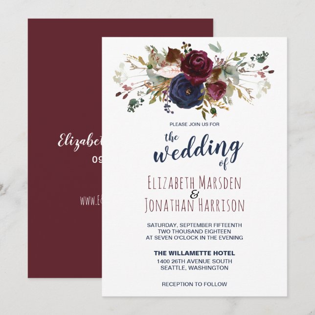 Invitation Elégant Boho Bourgogne et Mariage floral bleu mari (Devant / Derrière)