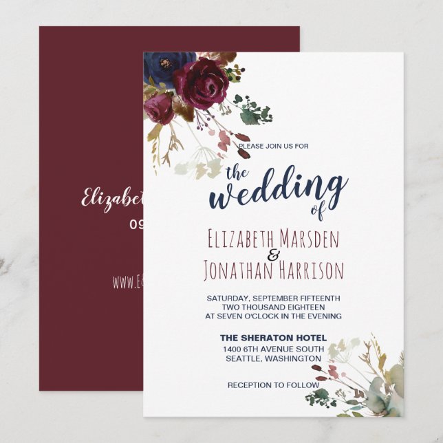 Invitation Elégant Boho Bourgogne et Mariage floral bleu mari (Devant / Derrière)
