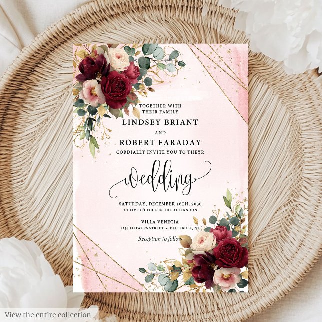 Invitation Élégant Boho Bourgogne Gold Blush Rose Mariage (Elegant Boho Burgundy Gold Blush Roses Wedding Invitation)