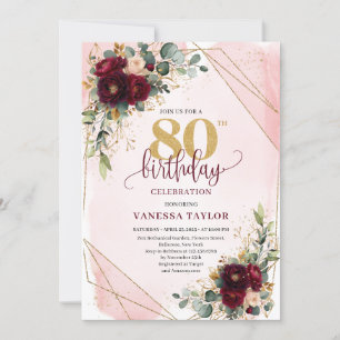 Invitation Elégant Boho Burgundy Gold Roses 80e anniversaire