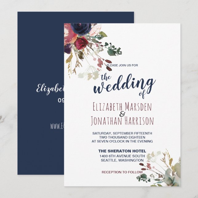 Invitation Elégant Boho Burgundy Navy Blue Floral Mariage (Devant / Derrière)
