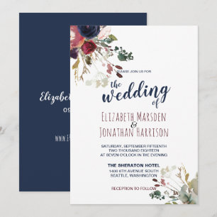 Invitation Elégant Boho Burgundy Navy Blue Floral Mariage