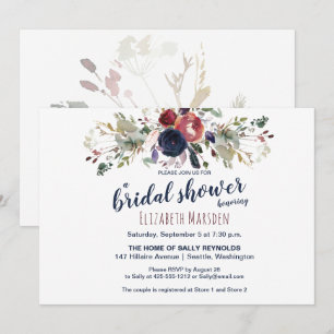 Invitation Elégant Boho Burgundy Navy Fête des mariées floral