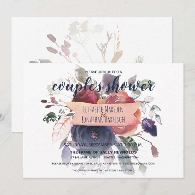 Invitation Elégant Boho Burgundy Navy Floral Couple's Shower (Devant / Derrière)
