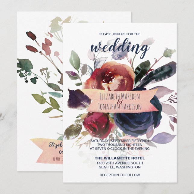 Invitation Elégant Boho Burgundy Navy Mauve Floral Mariage (Devant / Derrière)
