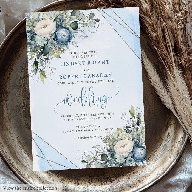 Invitation Elégant Boho Dusty Blue Silver Flowers Mariage (Elegant Boho Dusty Blue Silver Flowers Wedding Invitation)