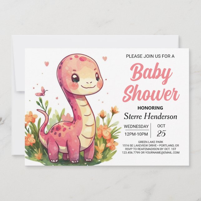 Invitation Elegant Boho Editable Dinosaur Girl Baby shower (Devant)