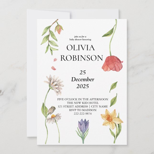 Invitation Elegant Boho Fleur sauvage Baby shower fille (Devant)