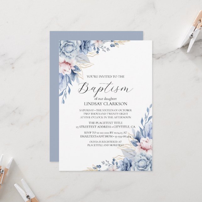 Invitation Elégant Boho Fleur sauvage baptême (Devant/Arrière en situation)