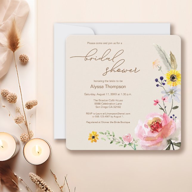 Invitation Elegant Boho Fleur sauvage Fête des mariées floral (Boho wildflower watercolor bridal shower invitation template.)