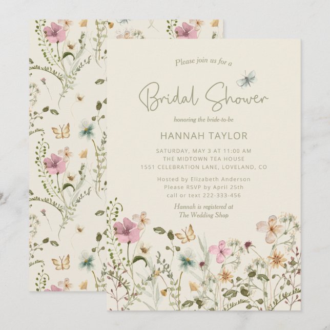 Invitation Elegant Boho Fleur sauvage Floral Fête des mariées (Devant / Derrière)