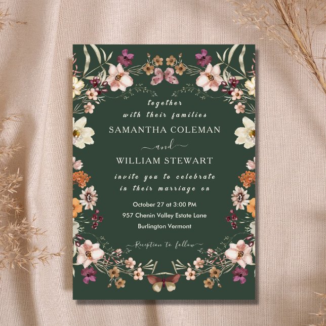 Invitation Elégant Boho Fleur sauvage moderne Dark Green Mari (Créateur téléchargé)