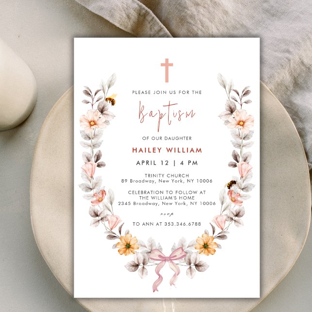 Invitation Élégant Boho Fleur sauvage Wreath Girl Baptism (Elegant Boho Wildflower Wreath Girl Baptism Invitation)