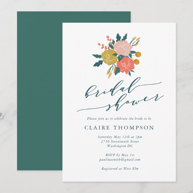 Invitation Elégant Boho Floral Art Fête des mariées simple (Devant / Derrière)