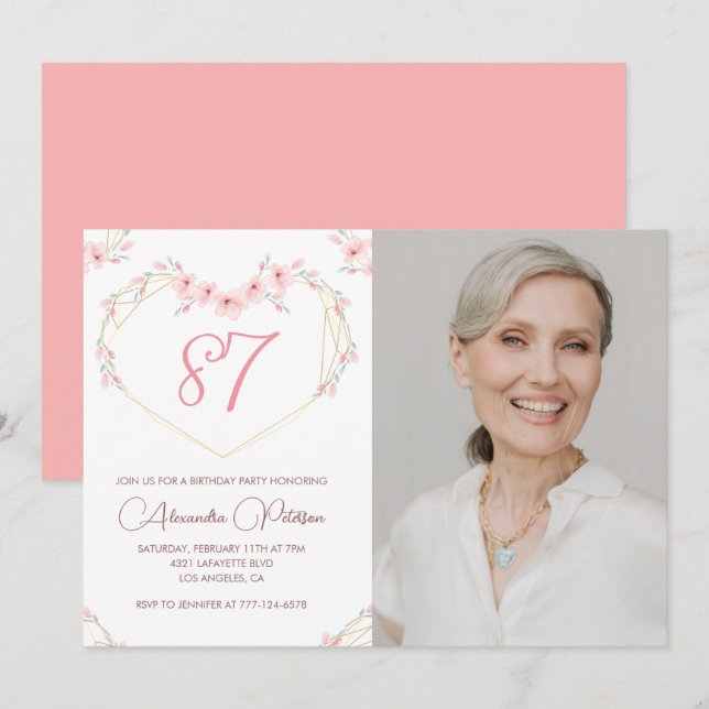 Invitation Elégant Boho Floral Photo 87e anniversaire (Devant / Derrière)