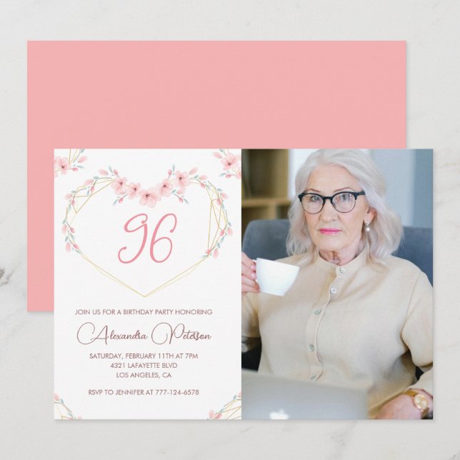 Invitation Elégant Boho Floral Photo 96e anniversaire (Devant / Derrière)