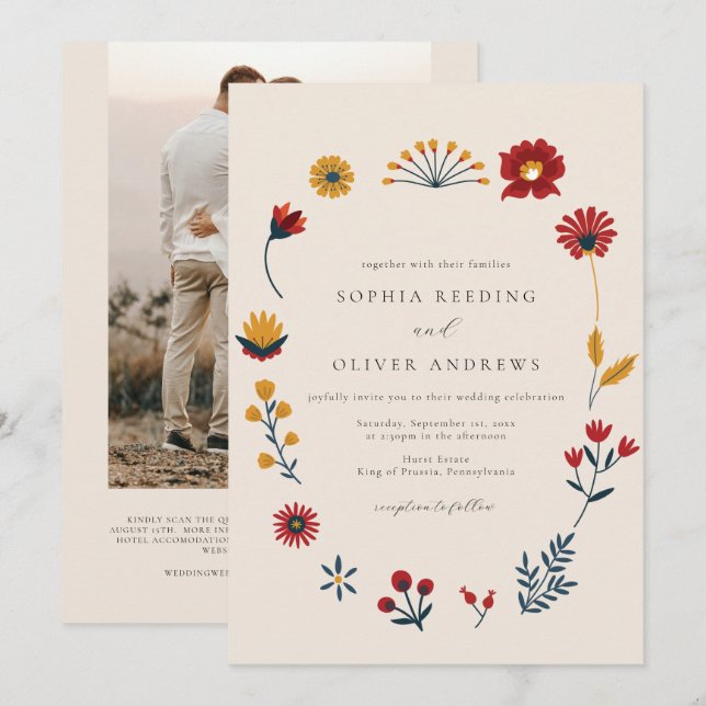 Invitation Elegant Boho Floral QR Code Mariage photo (Devant / Derrière)