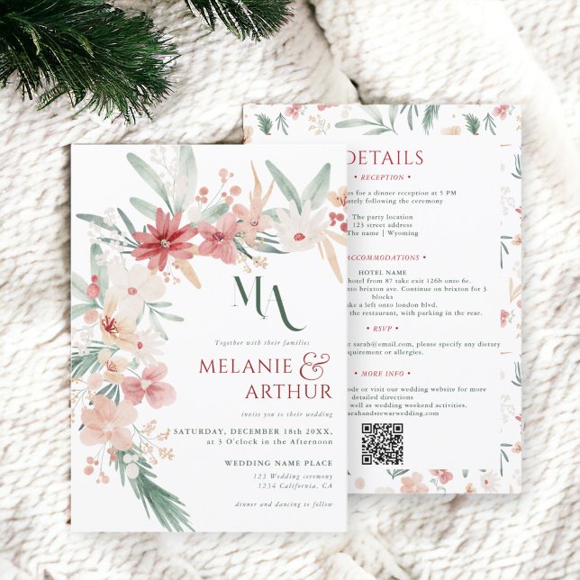 Invitation Elégant Boho Floral Winter Wedding Code QR (Elegant Boho Floral Winter Wedding QR code Invitation)