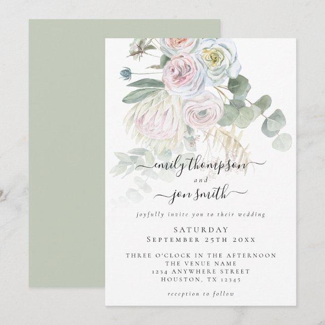 Invitation Elégant Boho Florals Eucalyptus Pastel Mariage (Devant / Derrière)