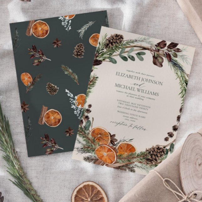 Invitation Elégant Boho foncé Citrus verdure Mariage d'hiver (Easily personalize this formal bohemian citrus invitation for the perfect fall or winter wedding)