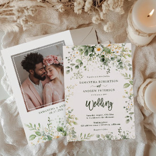 Invitation Elegant Boho Greenery Fleur sauvage Photo Mariage