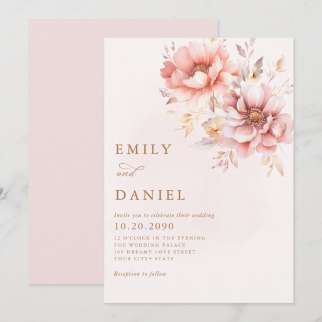 Invitation Élégant Boho moderne Blush rose or Mariage Floral (Devant / Derrière)
