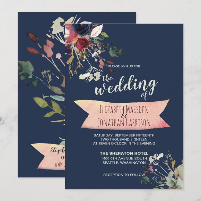 Invitation Elégant Boho Navy Bleu Bourgogne Floral Mariage (Devant / Derrière)