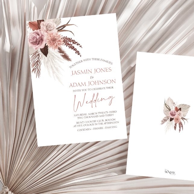 Invitation Elégant Boho Pampas Grass Mariage en terre cuite (Boho Dusty Pink Dried Flowers Pampas Grass Wedding Invitation)