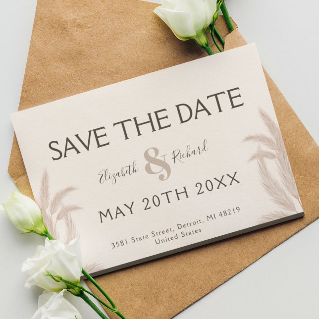 Invitation Elégant Boho Pampas Mariage Enregistrer la date (Créateur téléchargé)