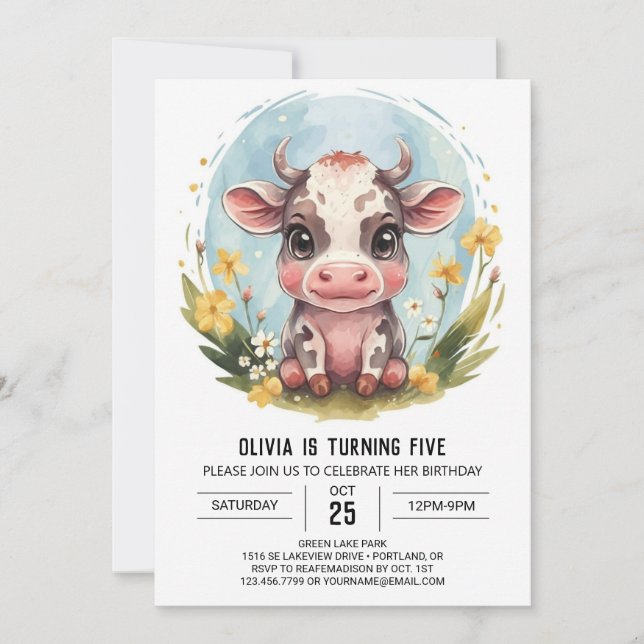 Invitation Elégant Boho Pastel Vache Anniversaire (Devant)