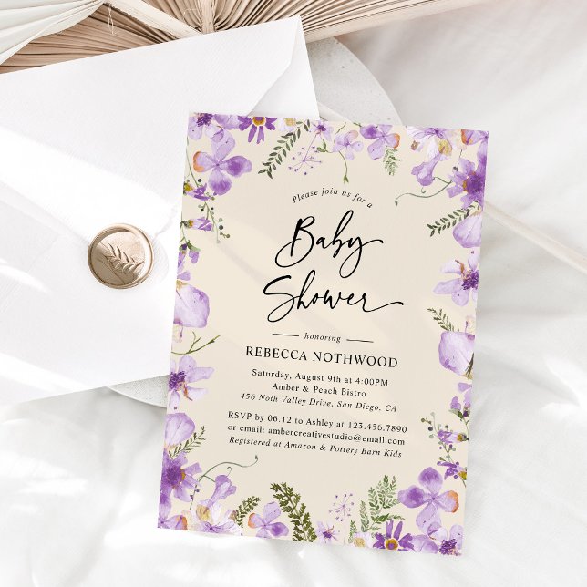 Invitation Elégant Boho Purple Florals Baby shower fille (Créateur téléchargé)