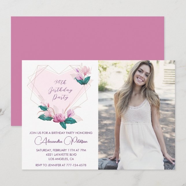 Invitation Elégant Boho rose florale Photo 34e anniversaire (Devant / Derrière)