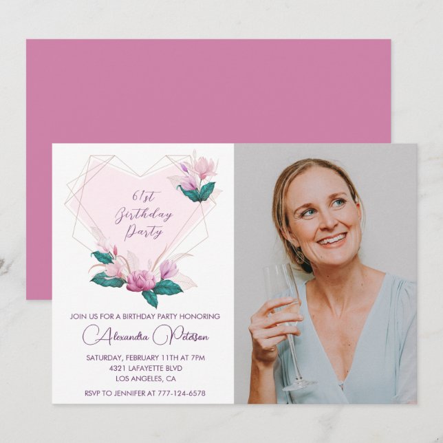 Invitation Elégant Boho rose florale photo 61e anniversaire (Devant / Derrière)