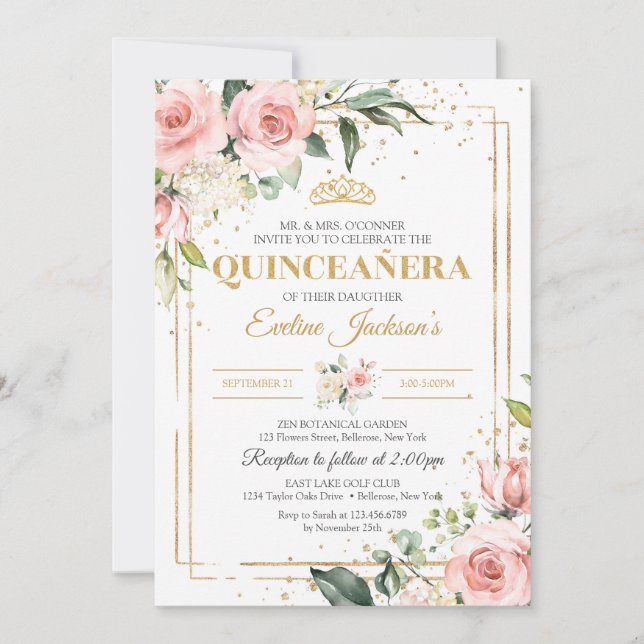Invitation Élégant boho rose rousse roses vert quinceanera (Devant)